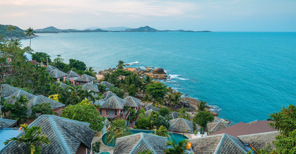 A view out to the sea over a beautiful resort in Koh Samui