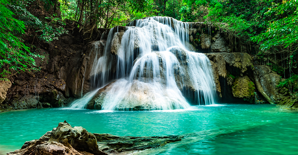 A cascading waterfall in Erawan National Park