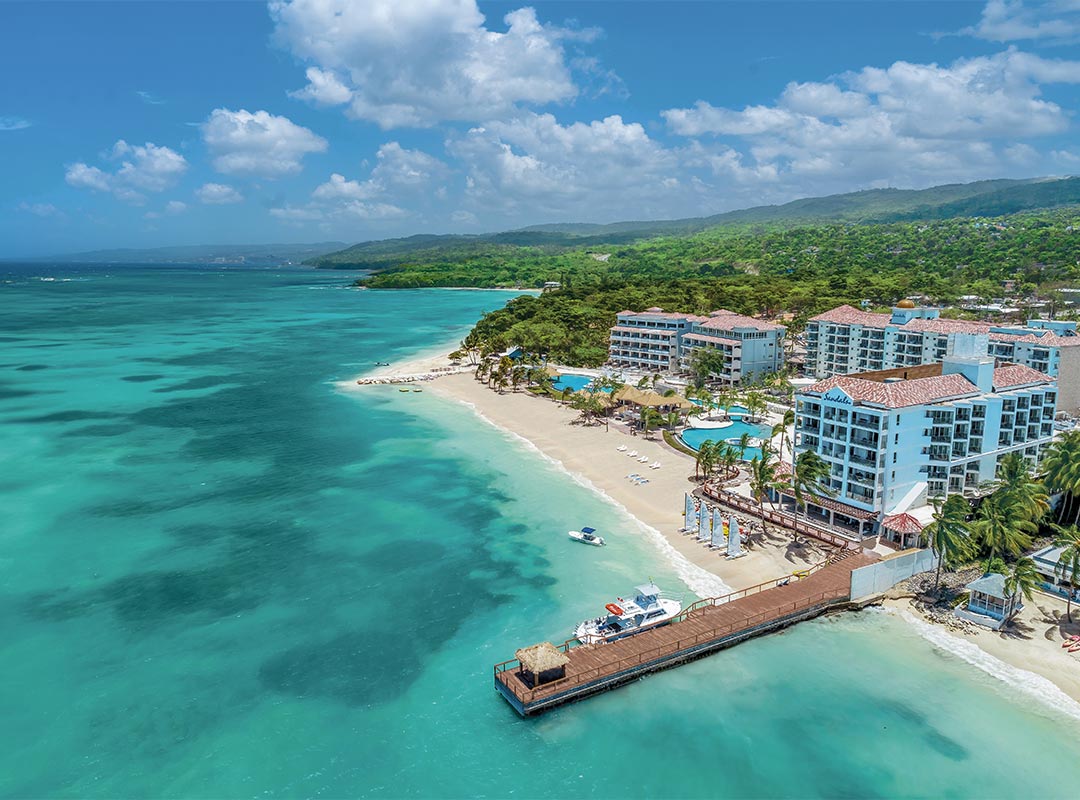 Aerial and beach view of Sandals Dunns River