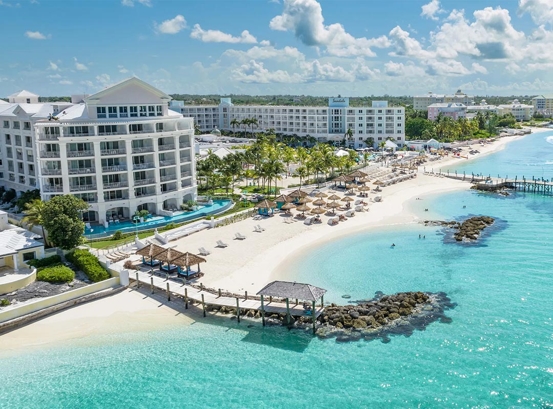 Aerial and beach view of Sandals Royal Bahamian