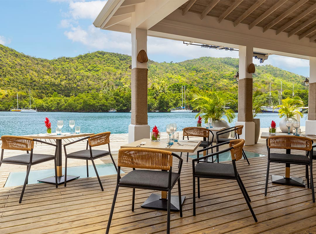 Zoetry Marigot Bay St Lucia outdoor seating by the sea