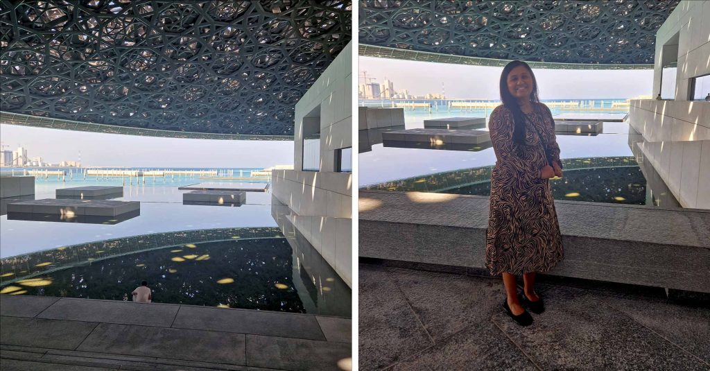 Naina enjoying the natural light projections at The Louvre Abu Dhabi