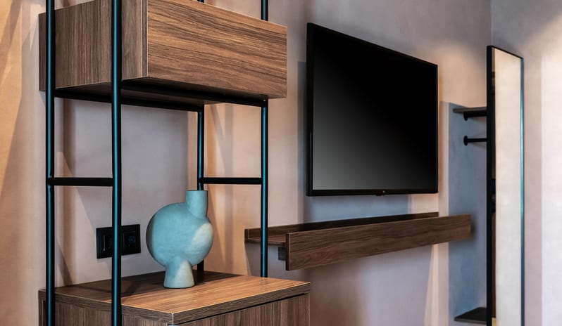 Inland Family Suite Bedroom Modern Shelving and Room Amenities at Domes of Corfu by Kenwood Travel