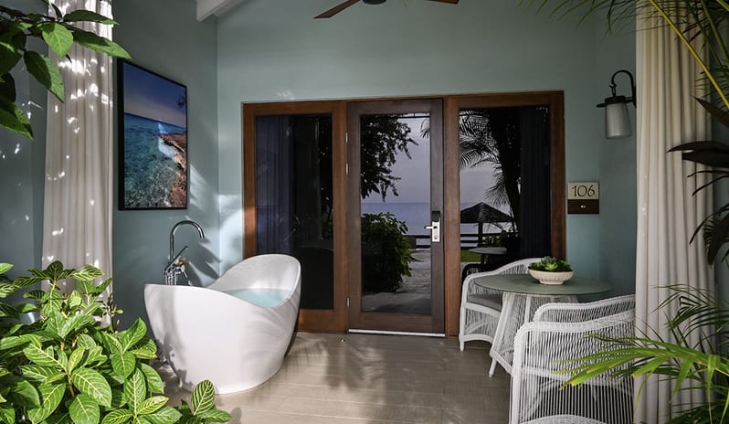 Patio Tranquillity Soaking Tub Bedroom at Sandals Royal Curacao hotel in Caribbean by Kenwood Travel