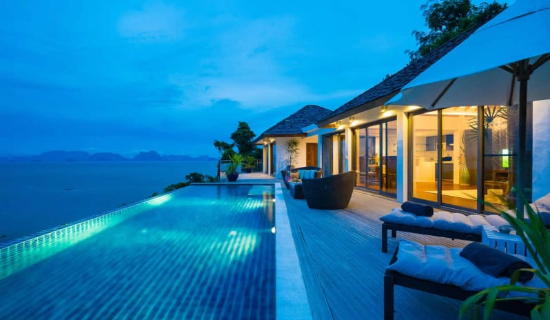 Hilltop Pool Villa mantic Resort Terrace with Woven Outdoor Seating and A Stunning Ocean View at TreeHouse Villas Koh Yao by Kenwood Travel
