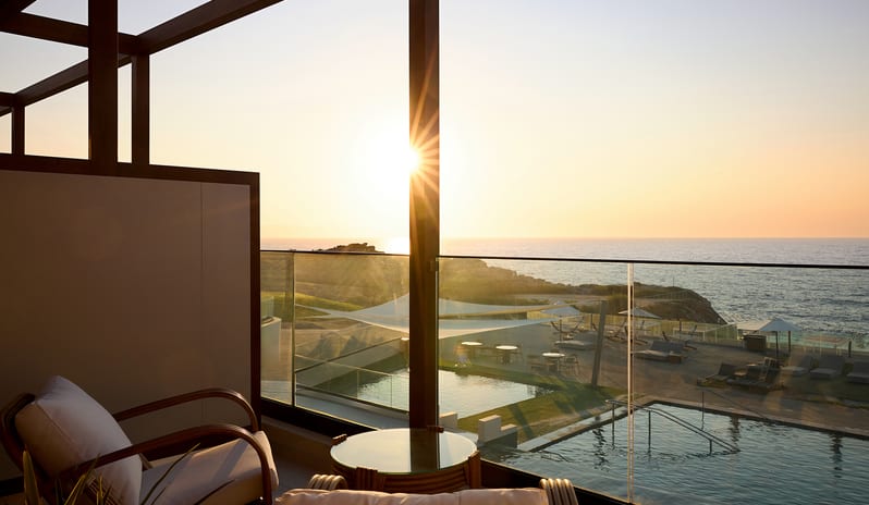Infinite Sea View Escape Bedroom Private terrace view of an oceanfront at Aulūs Chania, Curio Collection by Hilton by Kenwood Travel