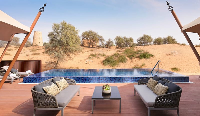 Outdoor Sofa With Pool & Deseart View at The Ritz-Carlton Ras Al Khaimah, Al Wadi Desert Hotel Resort in Caribbean-Holidays by Kenwood Travel