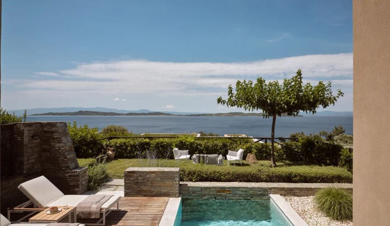 Residential 2 Bedroom Pool Villa Private Garden Sea View private infinity pool, wooden sun deck, landscaped garden, and an expansive view of the sea and mountains at Eagles Villas by Kenwood Travel