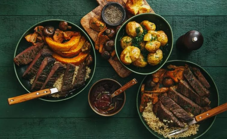 Cookout Grilled steak dinner with quinoa, roasted pumpkin, and potatoes at Tivoli Alvor Algarve by Kenwood Travel