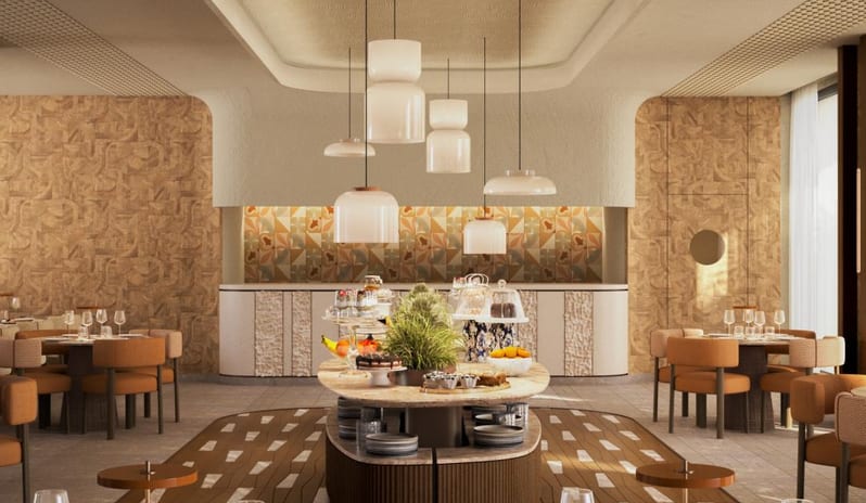Bistrot featuring modern mid-century decor, sculptural pendant lighting, and an elegant central buffet station at Costa Ragusa Borgo & Resort by Kenwood Travel