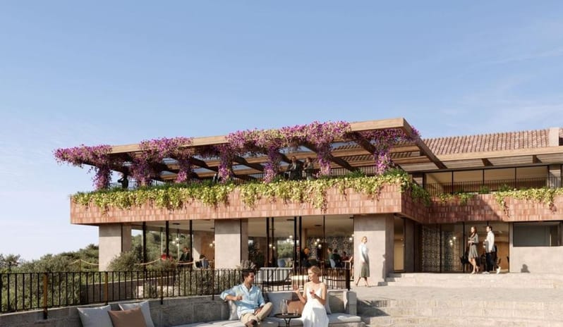 Specialty Restaurant stone terrace, bougainvillea-covered pergola, and outdoor lounge seating at Costa Ragusa Borgo & Resort by Kenwood Travel
