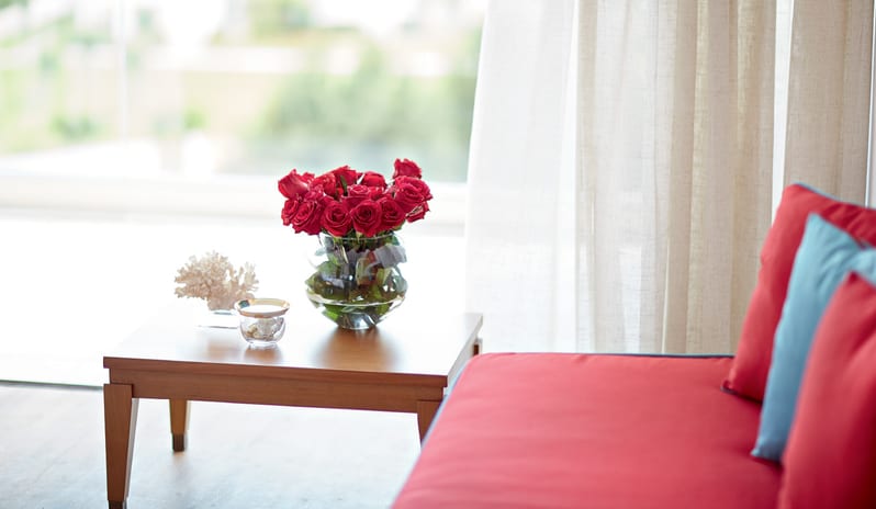 Double Guestroom Garden View white red sofa and garden view through white curtains at Grecotel LUXME Dama Dama by Kenwood Travel