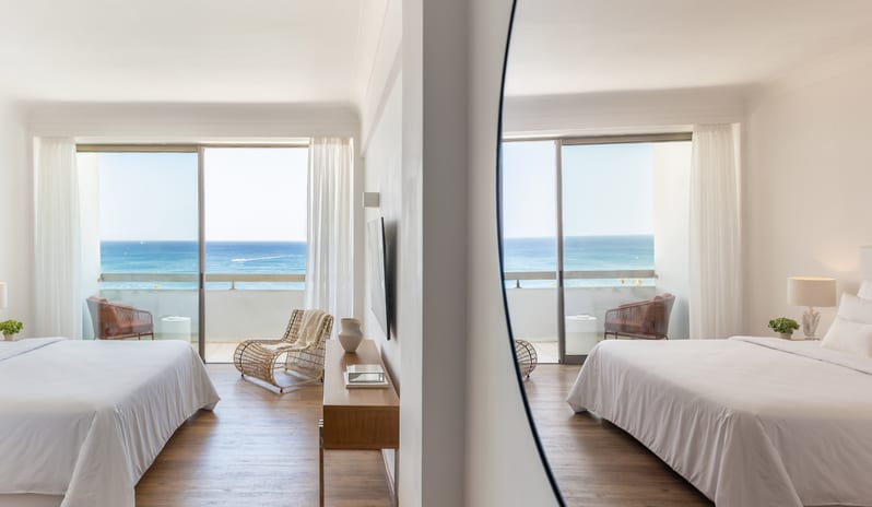 LUX ME Superior Guestroom Sea View private balcony with Mediterranean sea views at Grecotel LUXME Dama Dama by Kenwood Travel