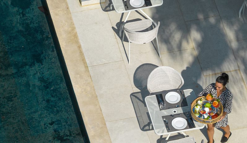 Dama Dama Vegan dining options and poolside service at Grecotel LUXME Dama Dama by Kenwood Travel