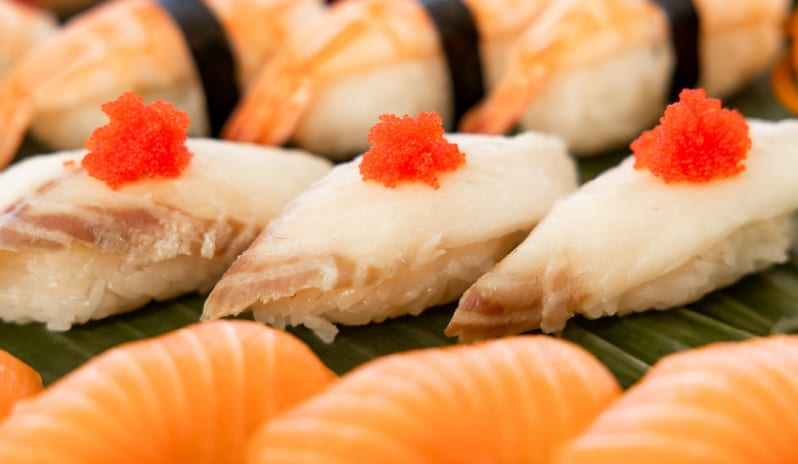 Asiana An assortment of fresh nigiri sushi served on a banana leaf at Grecotel LUXME Costa Botanica by Kenwood Travel