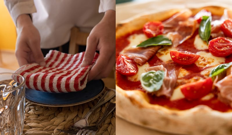 Nonna's A split-screen image showing a waiter setting a rustic table with a red-and-white checkered napkin on the left, next to a close-up of a freshly baked Italian pizza topped with prosciutto, fresh mozzarella, cherry tomatoes, and basil leaves on the right at Grecotel LUXME Costa Botanica by Kenwood Travel