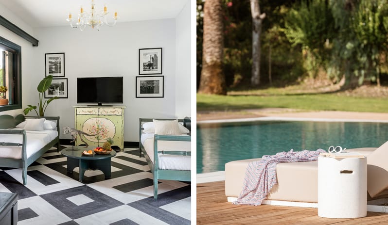 Family Suite at Yuccas Residence Pr Balcony sharing Pool Two-panel image displaying a rustic chic hotel living room with green wooden daybeds and patterned floors next to a luxury outdoor pool deck at Grecotel LUXME Costa Botanica by Kenwood Travel