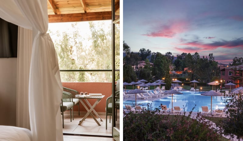 Family Loft Home Private Balcony Split photo of a boutique hotel room looking out onto a private patio balcony next to an illuminated outdoor resort pool under a pink dusk sky at Grecotel LUXME Costa Botanica by Kenwood Travel