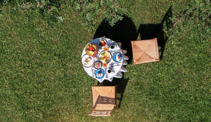 Play Room Suite Bird's-eye view of a gourmet breakfast table served on a lush green lawn, shaded by trees with a vibrant spread of fruits, pastries, and eggs at Grecotel LUXME Costa Botanica by Kenwood Travel