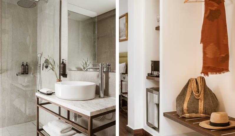 Family Interconnecting Apartment with Balcony Modern luxury hotel bathroom with a vessel sink and glass shower next to a room entry featuring built-in shelving, a mini-fridge, a woven beach bag, and a straw hat at Grecotel LUXME Costa Botanica by Kenwood Travel