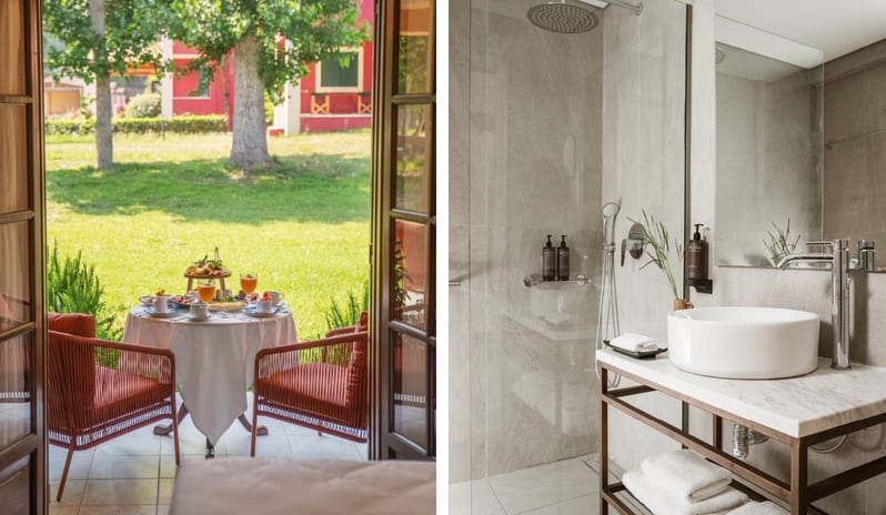 Play Room Suite Dual-panel view of a premium holiday suite featuring an outdoor breakfast patio with red chairs and a contemporary bathroom with stone tiling, white towels, and luxury toiletries at Grecotel LUXME Costa Botanica by Kenwood Travel