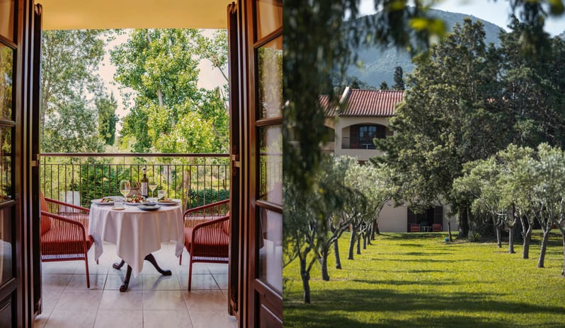 Family Interconnecting Apartment with Balcony Side-by-side view of a luxury resort room balcony set for private dining with wine, next to a sunlit garden landscape with Mediterranean trees and hills at Grecotel LUXME Costa Botanica by Kenwood Travel