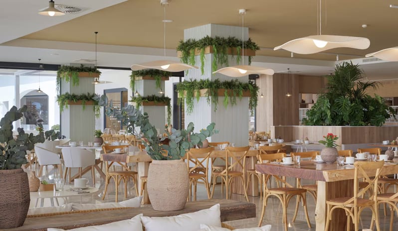 Gastro Hall Modern sunlit restaurant interior with natural wood tables, white linen pillows, and hanging plants on pillars at Paradisus Gran Canaria by Kenwood Travel