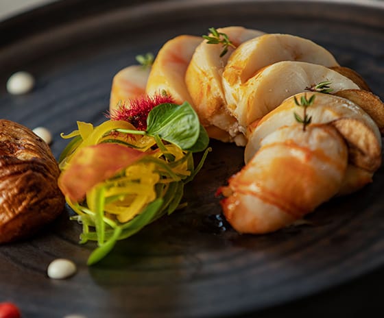 Ocean Fine dining seafood appetizer featuring slow-roasted fish medallions and artistic garnishes in a luxury resort restaurant at Kuda Villingili Resort Maldives by Kenwood Travel