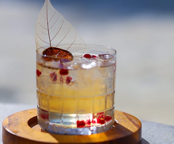 Raalhu Bar pomegranate seeds, a dried citrus wheel, and an elegant leaf garnish on a wooden coaster at Kuda Villingili Resort Maldives by Kenwood Travel