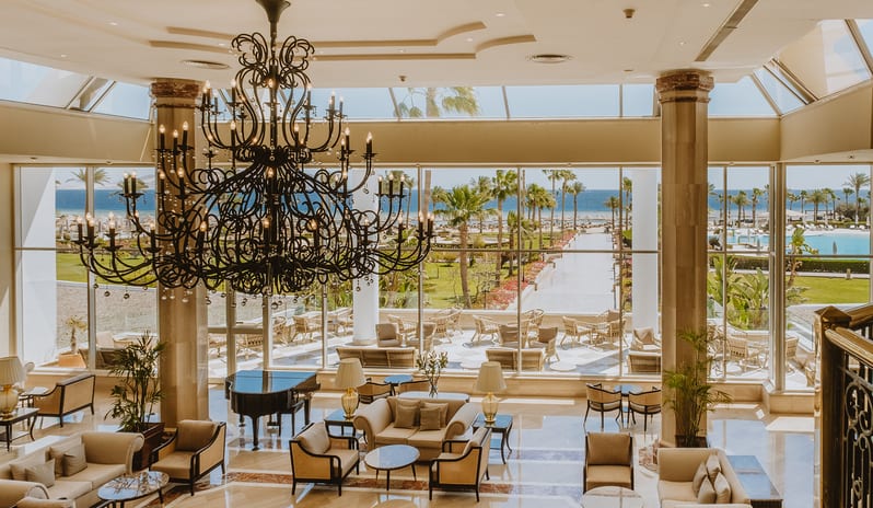 Panorama Lobby Bar & Piano Lounge Elegant hotel panorama lobby bar and piano lounge with beach view at Baron Resort Sharm El Sheikh by Kenwood Travel