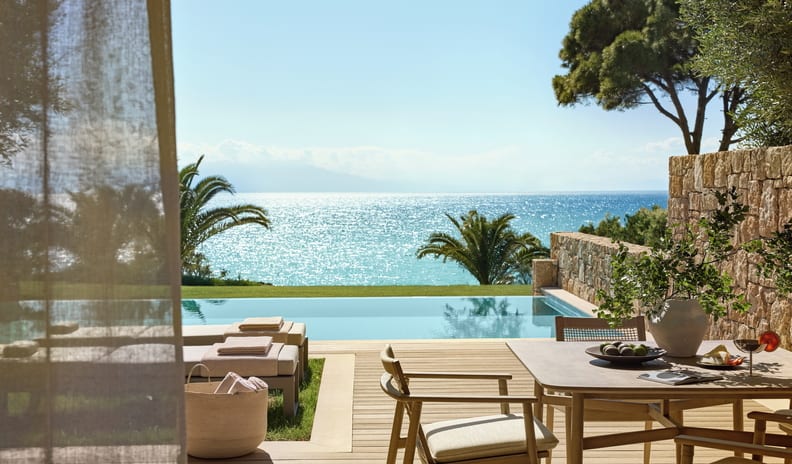 Two Bedroom Bungalow Suite Private Pool Front Sea View Luxury beachfront villa outdoor dining deck with private pool and panoramic sea views at Sani Club by Kenwood Travel
