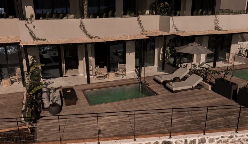 Deluxe Suite with Private Pool exterior with multi-level earthy architecture, wooden sun decks, private pools, and tropical landscaping at OKU Bodrum by Kenwood Travel