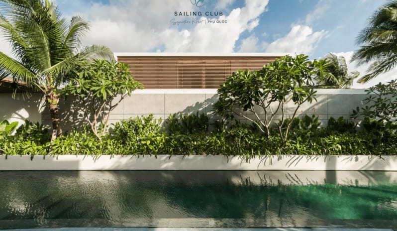 One Bedroom Pool Villa modern private pool, tropical landscaping with frangipani trees, and minimalist architecture under bright daylight at Sailing Club Signature Resort Phu Quoc Hotel by Kenwood Travel