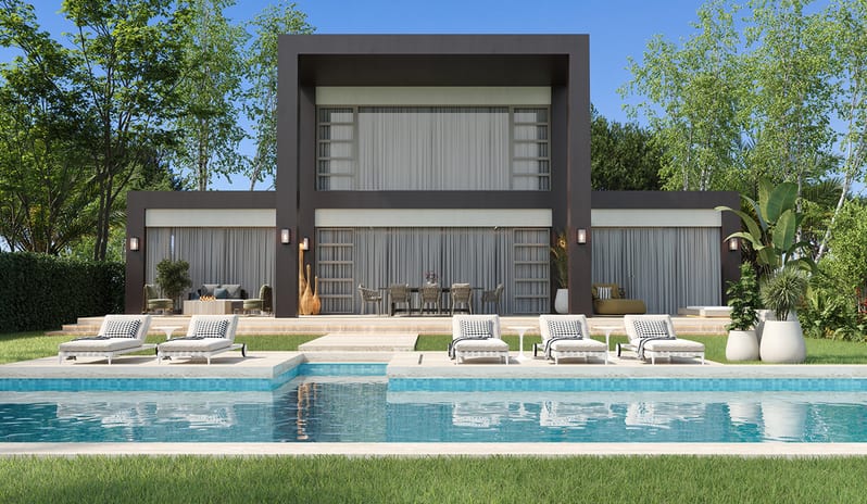 Serenity Villa Contemporary two-story resort villa featuring an outdoor patio dining setup, manicured lawn, and clear blue pool at Gloria Serenity Resort by Kenwood Travel