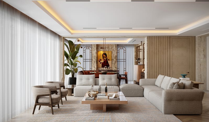 Serenity Villa Luxury resort villa living space showcasing modern textured seating, marble wall finishes, recessed strip lighting, and a staircase at Gloria Serenity Resort by Kenwood Travel