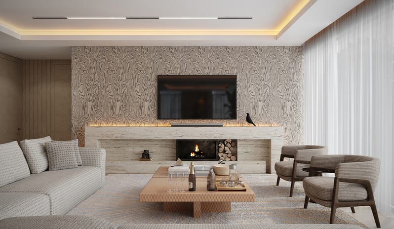 Serenity Villa wall-mounted TV, marble fireplace with logs, modern sectional sofa, and stylish armchairs at Gloria Serenity Resort by Kenwood Travel