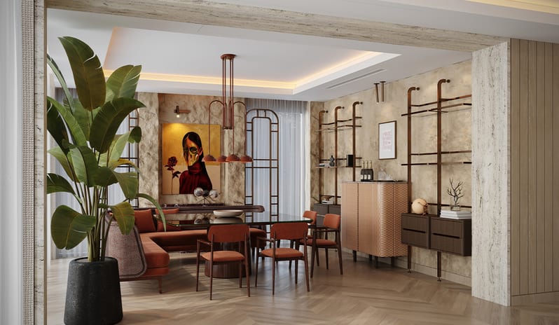 Serenity Villa Upscale modern resort villa dining room with chevron wood floors, unique copper pendant lighting, textured stone walls, and contemporary artwork at Gloria Serenity Resort by Kenwood Travel
