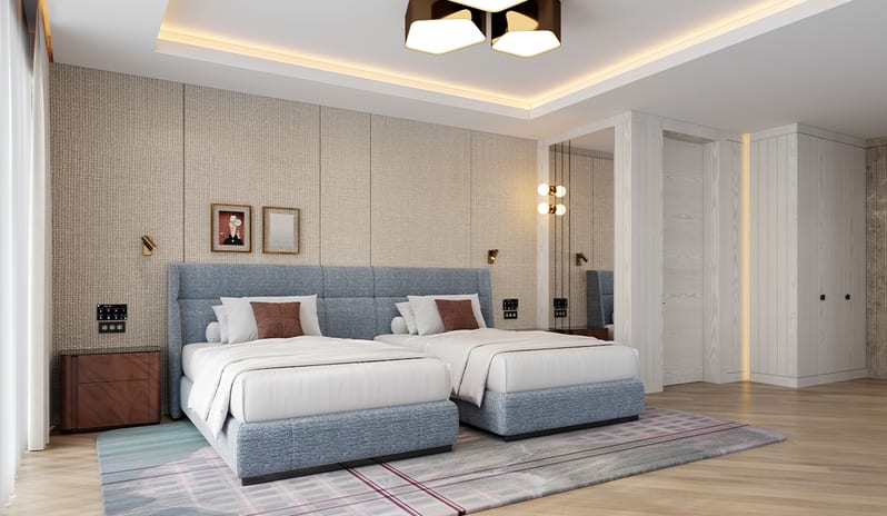 Serenity Villa bedroom with twin beds, plaid area rug, light wood flooring, and recessed ceiling illumination at Gloria Serenity Resort by Kenwood Travel