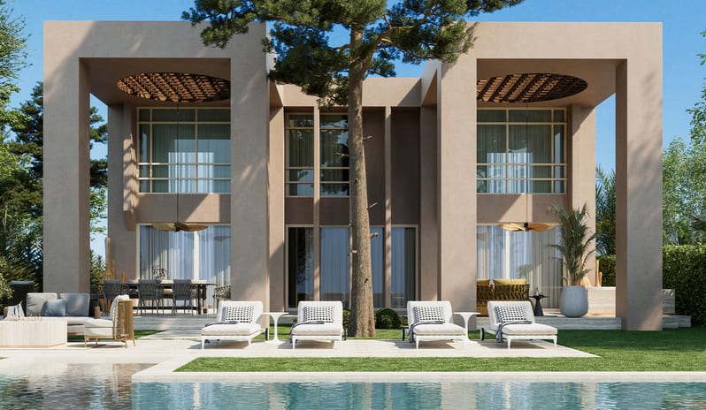 Queen & King Villa exterior with private swimming pool and lounge deck at Gloria Serenity Resort by Kenwood Travel