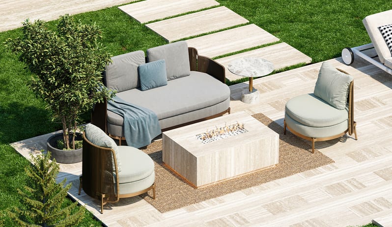 Queen & King Villa Modern luxury King Villa outdoor lounge area with stylish patio furniture and a central fire pit at Gloria Serenity Resort by Kenwood Travel