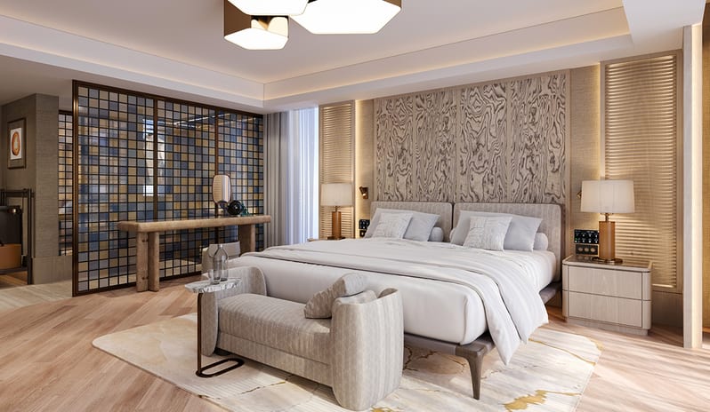 Queen & King Villa bedroom interior with light wood floors, matching bedside tables, elegant lamps, and a decorative mosaic glass room divider screen at Gloria Serenity Resort by Kenwood Travel