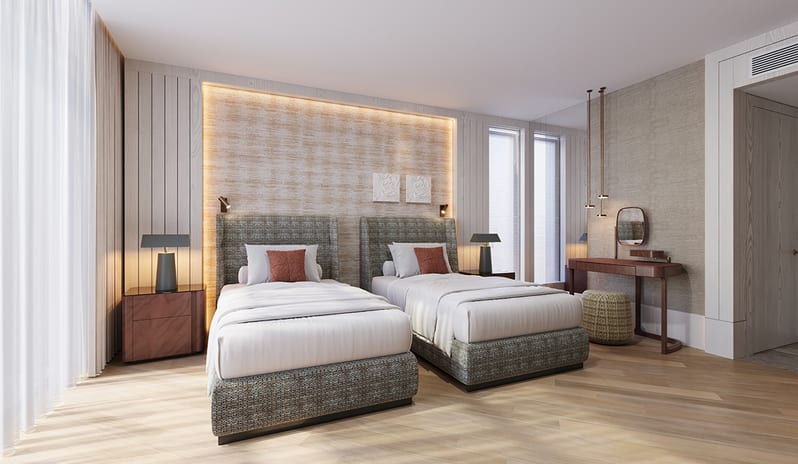 Queen & King Villa bedroom interior with two single beds, neutral-toned textured accent wall, hardwood flooring, and floor-to-ceiling sheer white curtains at Gloria Serenity Resort by Kenwood Travel