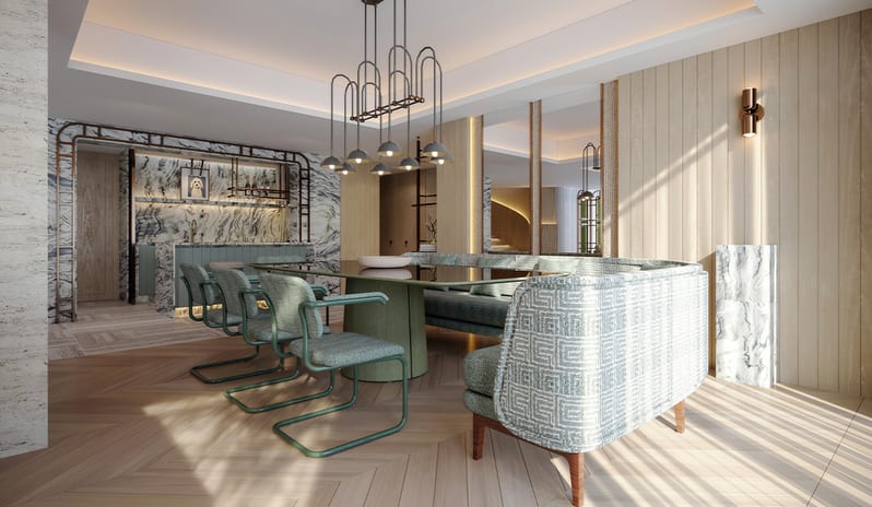 Queen & King Villa ldining room and bar area with high-end designer finishes at Gloria Serenity Resort by Kenwood Travel