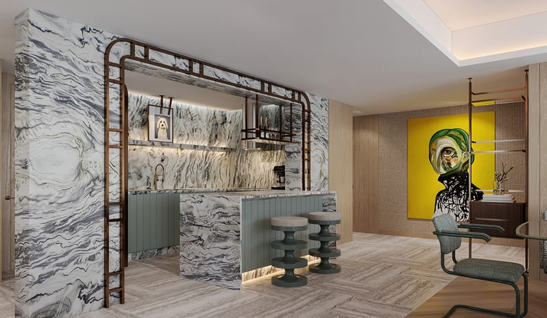 Queen & King Villa open-plan kitchen design with dramatic marble surfaces, copper or bronze metallic detailing, stone tile flooring, and a modern dining area at Gloria Serenity Resort by Kenwood Travel