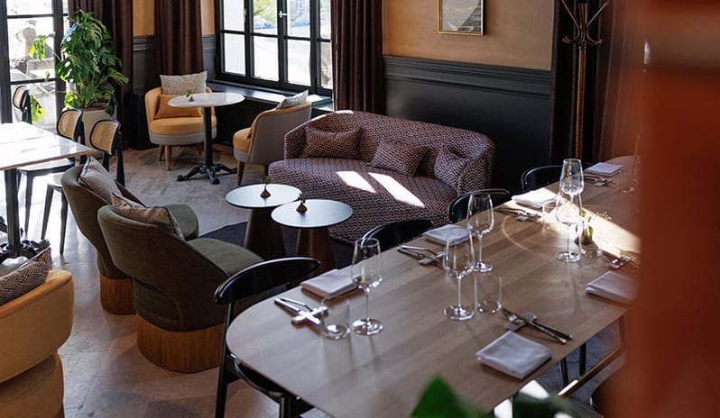 JAZ by Ana Roš Poreč Elegantly decorated dining area and lounge seating inside at Pical Resort, Valamar Collection by Kenwood Travel