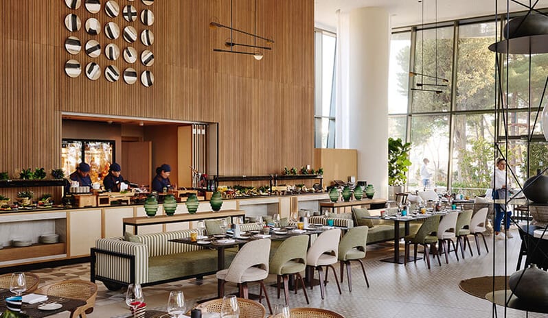 Parenzana Modern dining hall and food prep station at Pical Resort, Valamar Collection by Kenwood Travel