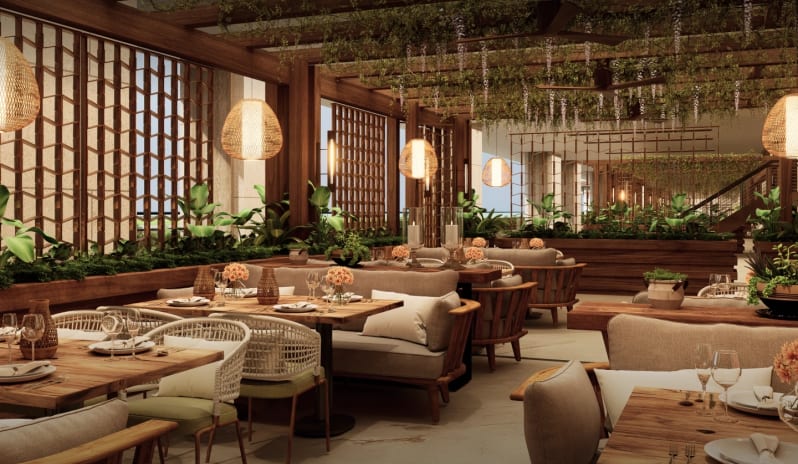 Carvão Outdoor dining terrace and wooden tables at Moon Palace The Grand Punta Cana by Kenwood Travel