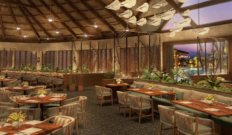 Fuego high vaulted thatched ceilings, floating cloud light fixtures, wooden tables, and tropical decorative screens at Moon Palace The Grand Punta Cana by Kenwood Travel