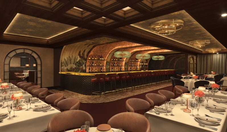 JC Steakhouse set tables, velvet leather chairs, coffered ceilings, and a curved illuminated bar at Moon Palace The Grand Punta Cana by Kenwood Travel