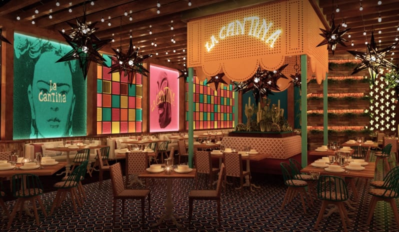 La Cantina Colorful interior dining area and neon decor at Moon Palace The Grand Punta Cana by Kenwood Travel